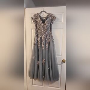 Elegant Gray Gown with Floral Embellishments